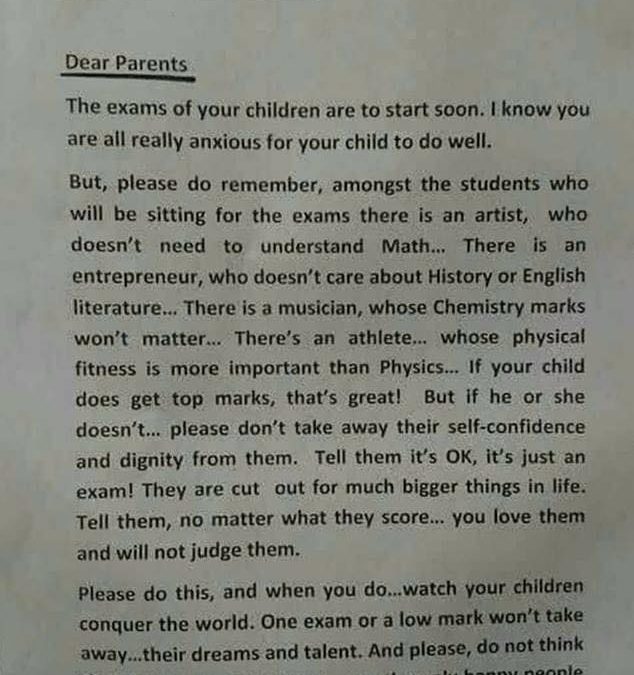 Письмо директора школы в Сингапуре, отправленное родителям накануне экзаменов